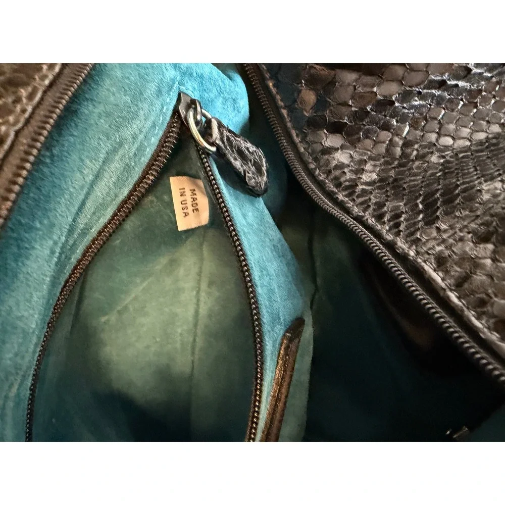 Carlos Falchi Black Python Leather Hobo Bag Teal Suede Lining Exotic Snakeskin